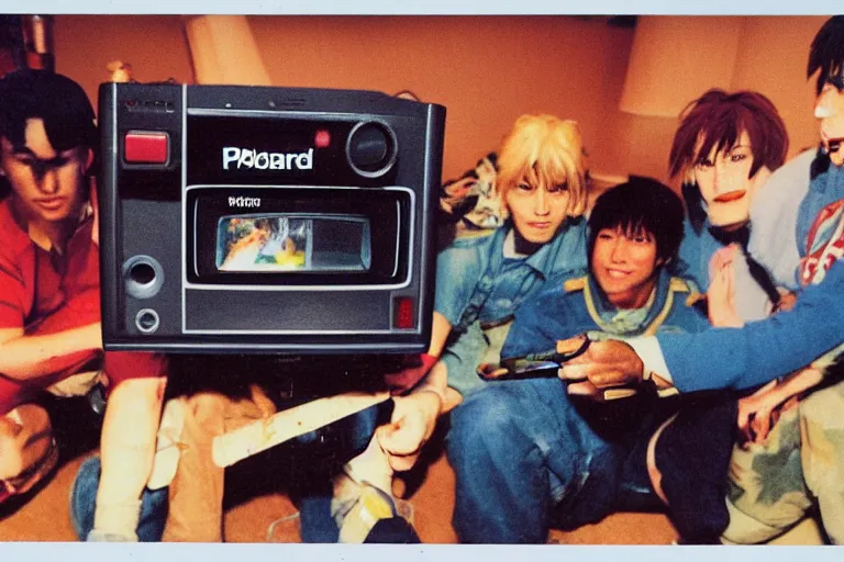Prompt: polaroid photo of me and the boys watching an old retro Trinitron TV showing gundam fighting a Zaku-II with an axe, in the dark living room, lights off, 90s nostalgia, wide view, fish eye lens, vhs , scanlines, 8k, hd, high resolution