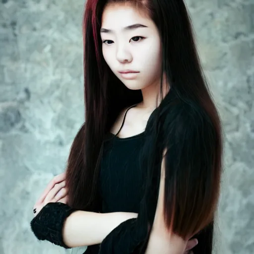 Prompt: portrait of beautiful korean teen with volcanic blazing fire hair, seductive look