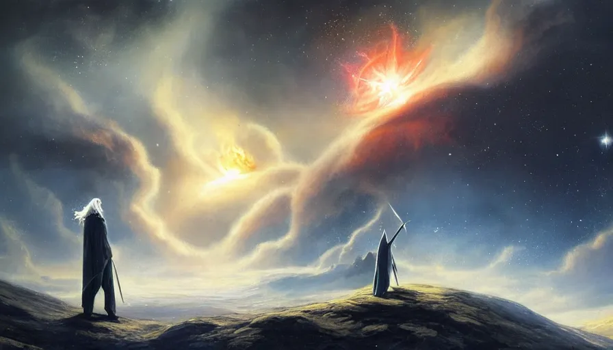 Prompt: a beautiful painting of gandalf watching a star going supernova in the sky of an alien world, ray traced lighting by jean kalin popov and greg rutkowski