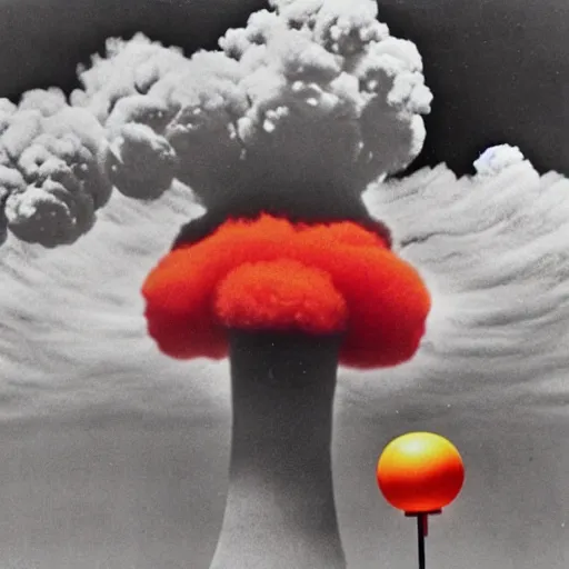 Prompt: an atomic explosion mushroom cloud that looks like a clown and is made of many smaller clowns recursive