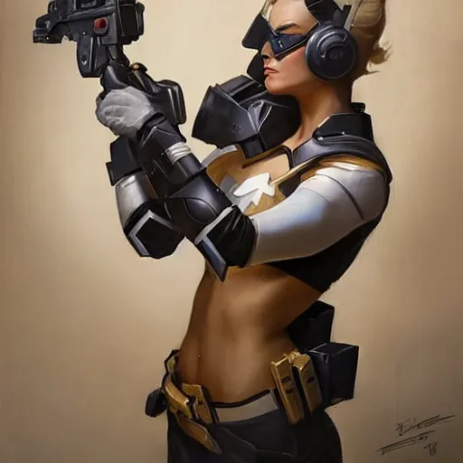 Image similar to greg manchess portrait painting of fully armored and armed margot robbie as overwatch character, close - up shot, asymmetrical, profile picture, organic painting, sunny day, matte painting, bold shapes, hard edges, street art, trending on artstation, by huang guangjian and gil elvgren and sachin teng