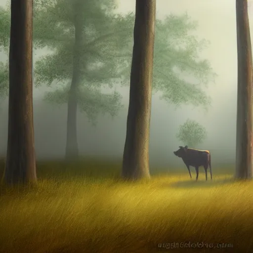 Image similar to Highly realistic painting of a cow standing in the middle of a dark forest, oak trees, fog, moody lighting, volumetric lighting