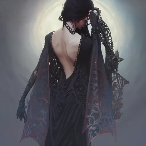 Image similar to a tall attractive goth girl, cute, intricate, highly detailed, digital painting, artstation, concept art, smooth, sharp focus, illustration, unreal engine 5, 8 k, art by artgerm and greg rutkowski and alphonse mucha