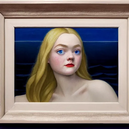 Image similar to Painting of Elle Fanning lost at sea, long blonde hair, delicate, pale milky white porcelain skin, by Edward Hopper. 8K. Extremely detailed.