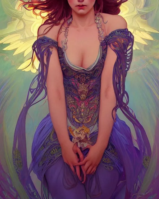 Image similar to portrait of demon girl, dreamy and ethereal, expressive pose, big blue eyes, exciting expression, fantasy, intricate, elegant, psychedelic smoke, highly detailed, digital painting, artstation, concept art, smooth, sharp focus, illustration, art by artgerm and greg rutkowskiand alphonse mucha