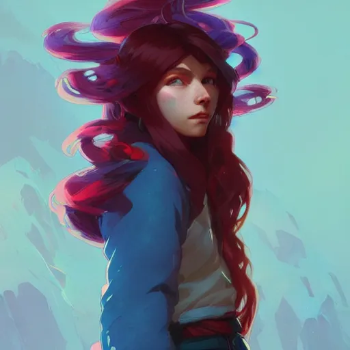 Image similar to madeline from celeste, blue bubble jacket red long hair, highly detailed, digital painting, artstation, concept art, sharp focus, illustration, art by greg rutkowski and alphonse mucha