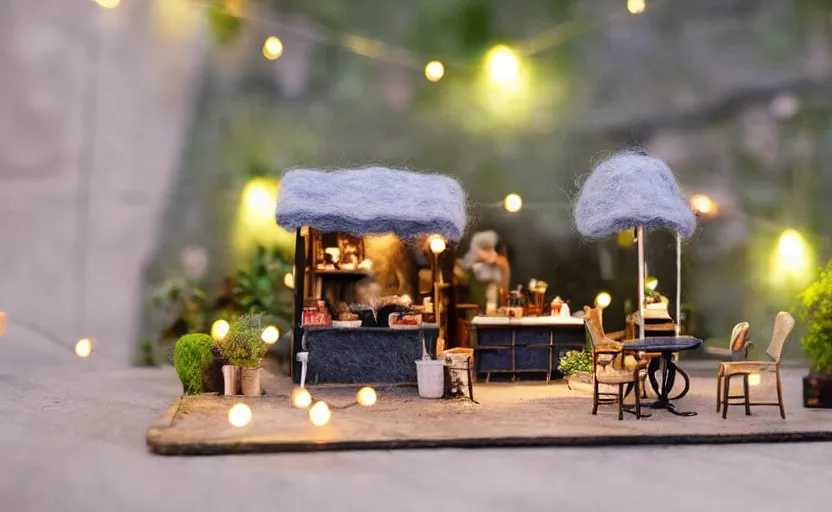 Image similar to mini cafe diorama macro photography, cafe for felted animals, ambient, atmospheric photograph, string lights, romantic