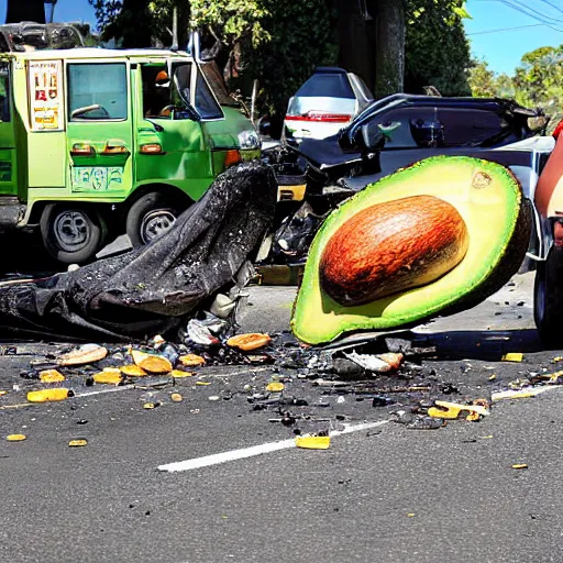 Prompt: avocado truck accident, people picking avocados from the road, highly detailed photograph