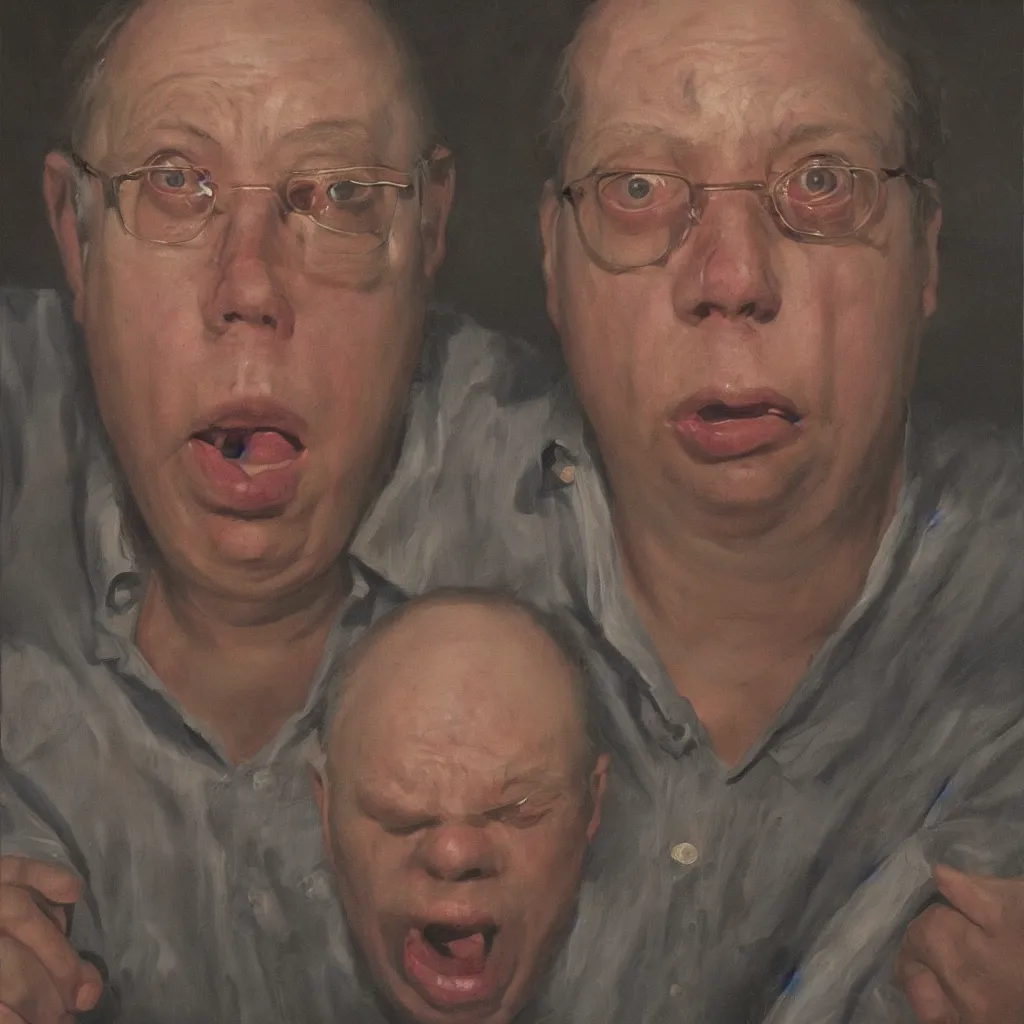 Image similar to oil painting by christian rex van minnen portrait of todd solondz age 7 3, extremely bizarre disturbing, intense chiaroscuro lighting perfect composition masterpiece intense emotion