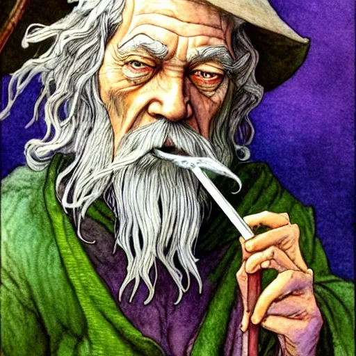 Prompt: a realistic and atmospheric watercolour fantasy character concept art portrait of gandalf with pink eyes looking happy and confused and smoking weed out of his pipe with a pot leaf nearby, by rebecca guay, michael kaluta, charles vess and jean moebius giraud