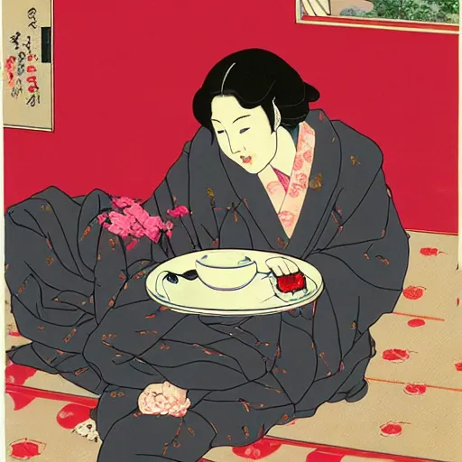 Prompt: Japanese beauty wrapped in a snake having tea with her husband by Toshio Saeki, high detailed