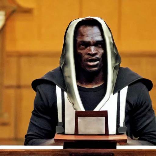 Prompt: the predator at the pulpit of a large church service