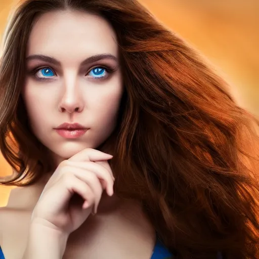 Prompt: portrait of beautiful woman. perfect face. voluptuous. brown hair. blue eyes. shy. srunning. gorgeous. 4 k. highly detailed. jaw dropping. dynamic lighting. dramatic light. accent lighting. award winning photography. octane render.