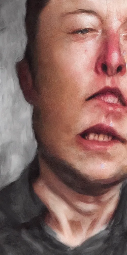 Image similar to cropped close up of elon musk crying and serving you at a fast food restraunt, hyperrealistic, dramatic lighting