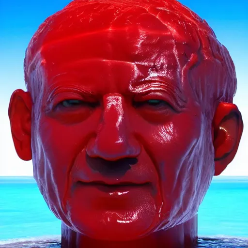 Image similar to a giant human head looking like benjamin netanyahu sculpture in the sea made out of juicy and transparent red jelly, long shot, hyper detailed, hyper realistic, ray tracing, 8 k resolution, sharp focus, realistic water, award winning