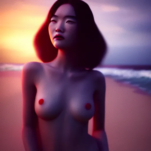 Image similar to a photorealistic hyperrealistic, jade hsu, girl on the beach, beautiful dynamic dramatic low - light moody lighting, cinematic atmosphere, artstation, concept design art, octane render, 8 k