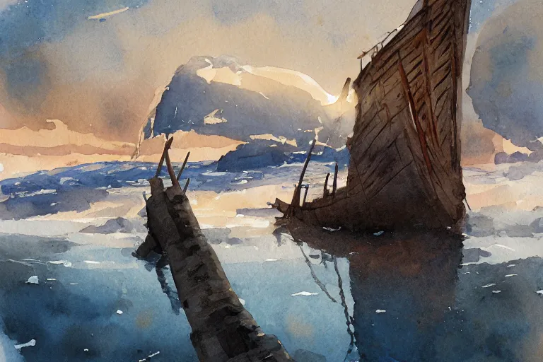 Image similar to small centered on watercolor paper, paint brush strokes, abstract watercolor painting of ancient viking wreck in frozen lake, daylight, blue sky, cinematic light, national romanticism by hans dahl, by jesper ejsing, by anders zorn, by greg rutkowski, by greg manchess, by tyler edlin