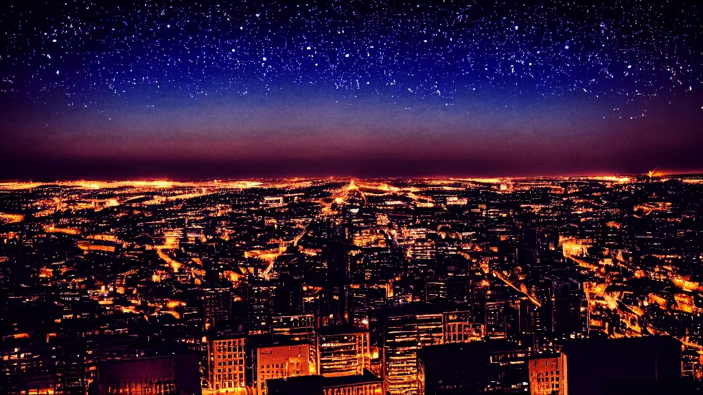 Prompt: view of a city from the top of a building at night, glowing stars, dramatic lighting