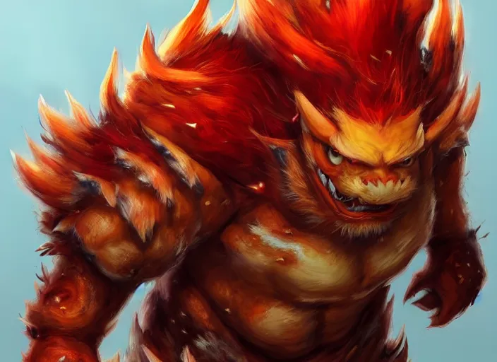 Prompt: detailed concept art of a huge giant fire bowser by cheng yi and luolin, aartstation, artstationhd, detailed scales, spiky and red hair tuft green scales. bowser, bowser nintendo, koopa, ~ bowser # bowser ( ( mario ) ) bcy. net, realistic. cheng yi, fire breathing. bowser