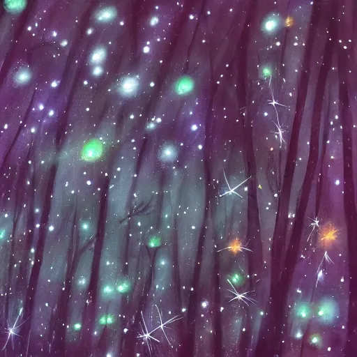 Image similar to a serene forest of faeries, beautiful galaxy in the night sky