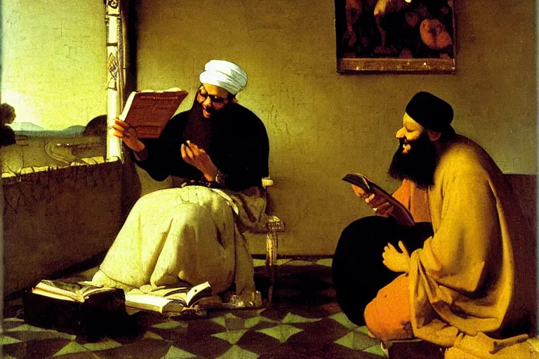 Image similar to the prophet mohammed reading salman rushdies book the satanic verses, being delighted and cheerful, whispering words of wisdom in solidarity, painted by frederick arthur bridgman and jan vermeer, oil on canvas