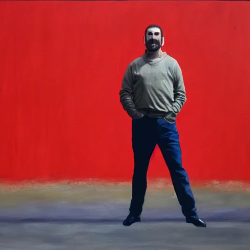 Image similar to a painting of Eric Cantona, in front of a red wall, dripping.