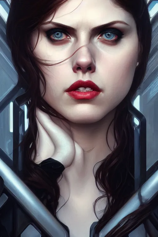 Image similar to alexandra daddario as black widow, realistic portrait, symmetrical, highly detailed, digital painting, artstation, concept art, smooth, sharp focus, illustration, cinematic lighting, art by artgerm and greg rutkowski and alphonse mucha