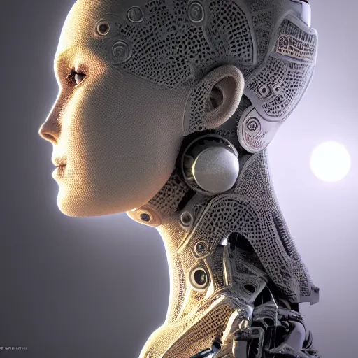 Prompt: portrait of a beautiful humanoid robot intricate mechanics, synthetic skin, futuristic ,octane render, 8k, dramatic lighting