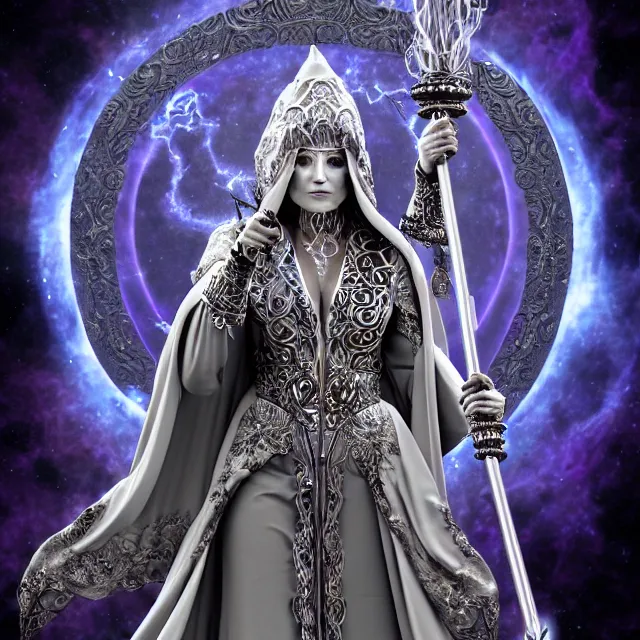 Image similar to elemental moon witch in ornate silver robes and staff, highly detailed, 8 k, hdr, anne stokes