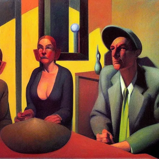 Prompt: three brutalist seers watchers oracles soothsayers portrait, pj crook, grant wood, edward hopper, syd mead, oil on canvas