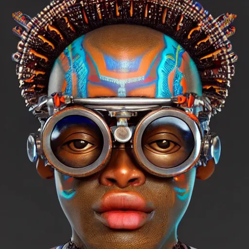 Prompt: colourful vfx upper half - portrait - art of a african tribal chief wearing steam punk goggles, art by utagawa kunisada & james jean, symmetrical, intricate detail, concept art, volumetric light, ray tracing, caricature, digital illustration, digital painting, octane 3 d render, unreal engine, sharp, pinterest, behance, art station,