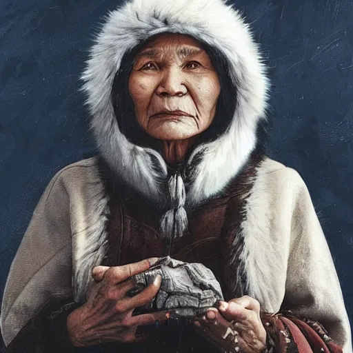 Image similar to A beautiful print of a stern looking elderly Inuit woman with short white hair and dark skin. She is wearing a traditional Inuit parka with fur trim and is holding a small carving in her hand. Her expression is one of strength and wisdom. Howl’s Moving Castle by Diego Dayer, by Dain Yoon, by Peter Andrew Jones frightful