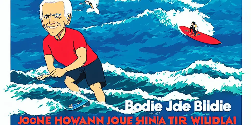 Image similar to joe biden surfing campaign poster, hawaii studio ghibli