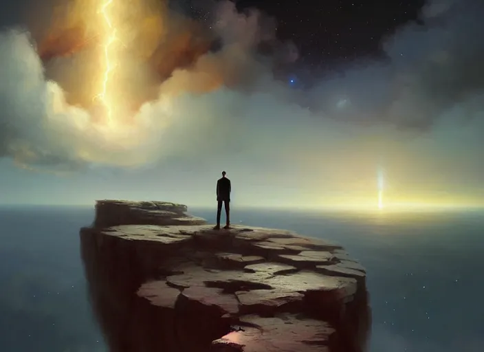 Image similar to dark silhuette of a man standing on a gray dull cliff looking out into a colorful cosmos, clouds, stars, rings, beautiful lighting, vivid colors, intricate, elegant, cgsociety, artstation trending, oil painting by greg rutkowski, by artgerm, by wlop