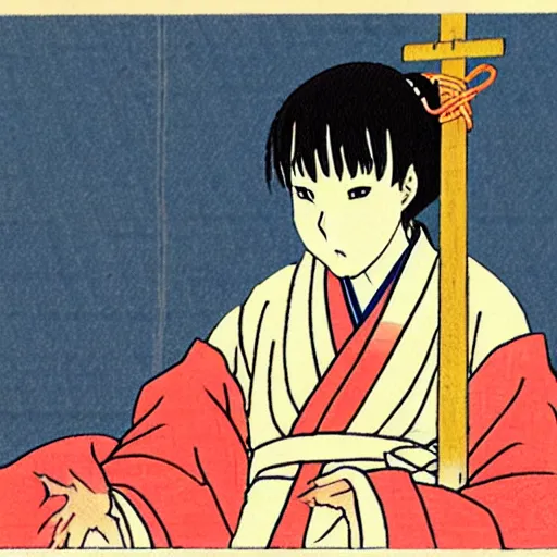 Image similar to anime art, a japanese woman holding a kanabo kneeling for an altar