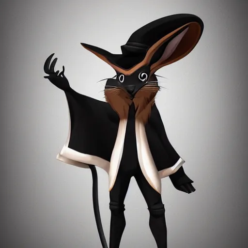 Prompt: anthropomorphic jackrabbit harengon with black skin and white highlights, wearing stylized monk robes and a very wide brimmed black hat, focus on hat, digital art featured on artstation