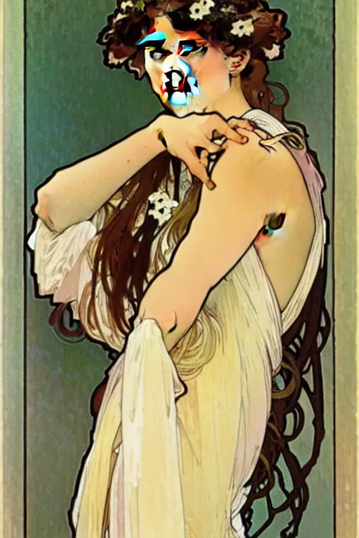 Prompt: cute girl portrait with open chest white ancient clothes by Alphonse Mucha