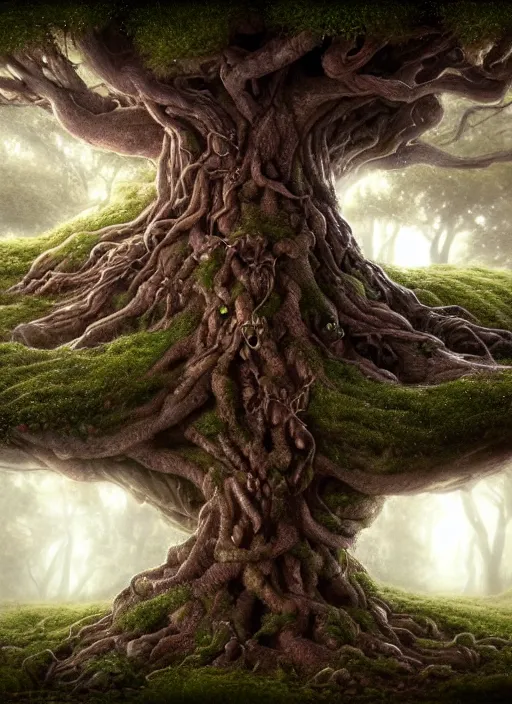 Prompt: highly detailed closeup portrait of a yggdrasil tree, unreal engine, nicoletta ceccoli, mark ryden, lostfish, earl norem, global illumination, god rays, detailed and intricate environment