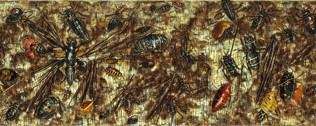 Image similar to strange giant insects, beetles and flies, swarming in a cornfield, oil painting by max ernst and anselm kiefer, decay, mixed media, textured, sharp focus, highly detailed, photographic emulsion cracked and peeling, rust, cinematic lighting, 8 k, hd