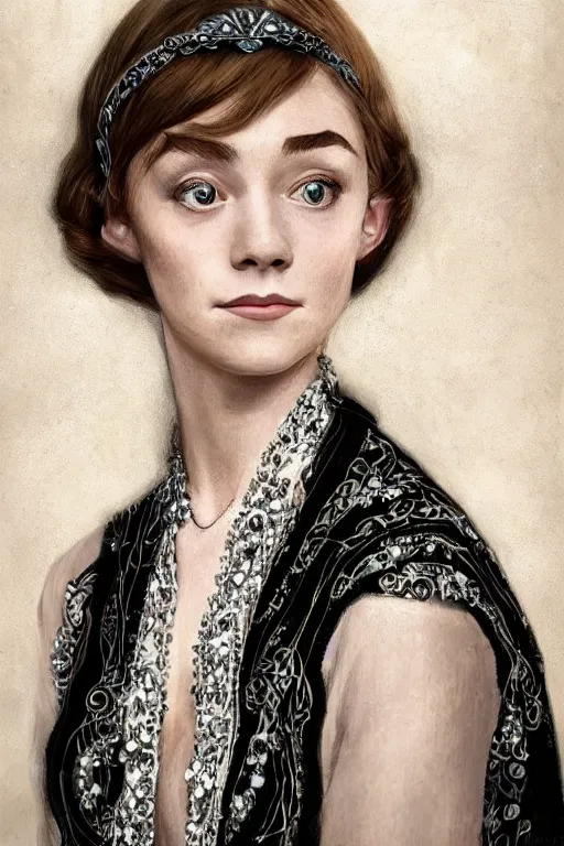 Prompt: a full body art nouveau portrait of a 16-year old girl who resembles Audrey Hepburn and Saoirse Ronan with a worried, intense gaze and slightly opened mouth, wearing sheer silks and ornate intricate iridescent mother-of-pearl jewelry, intricate, elegant, highly detailed, digital painting, artstation, concept art, smooth, sharp focus, illustration, art by John William Waterhouse and Bouguereau and Donato Giancola and alphonse mucha