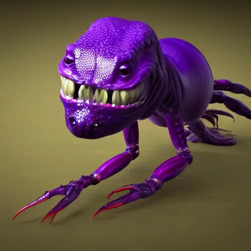 Image similar to purple alien reptile creature crustacean character concept with many legs detailed photo realistic 3d render 4k