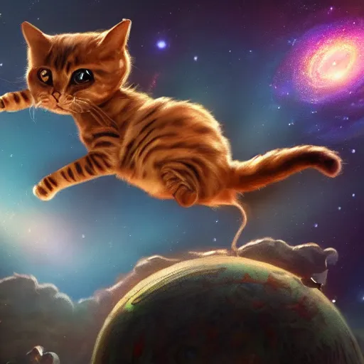 Image similar to A lazy steampunk cat jumping over the galaxy, digital illustration, concept art, 8k, trending on artstation