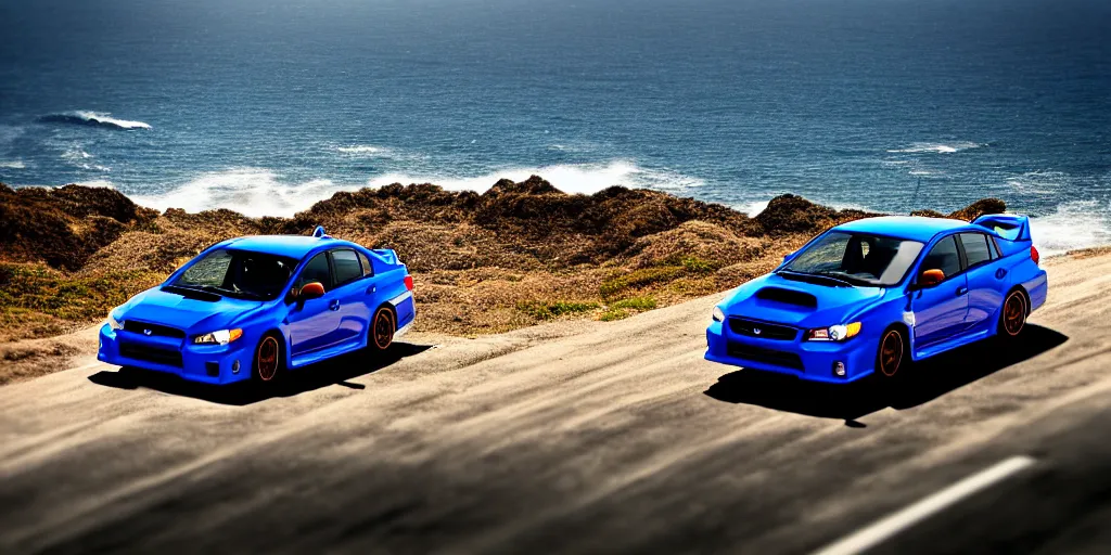 Image similar to photograph, 2011 Subaru WRX STi, hatchback, cinematic, california coast, ocean view, 8k, depth of field, bokeh.