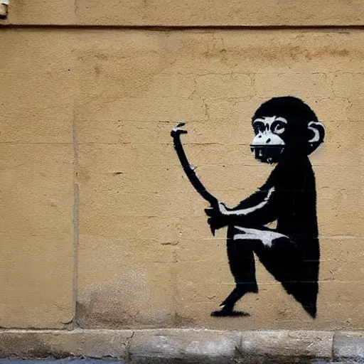 Image similar to banksy art monkey with sword, wall with city street background