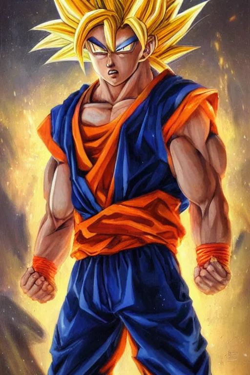 Image similar to portrait of simu liu as super saiyan goku. art by gaston bussiere.