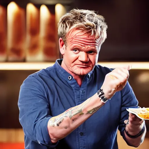 Prompt: <photo hd>Gordon Ramsey yells while eating spaghetti with his hands</photo>