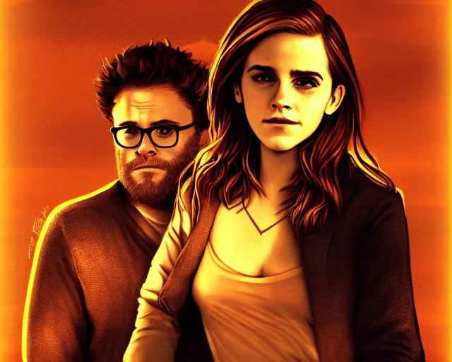 Prompt: seth rogan and emma watson in a peaceful wasteland, golden hour, digital art, loving embrace, trending on artstation