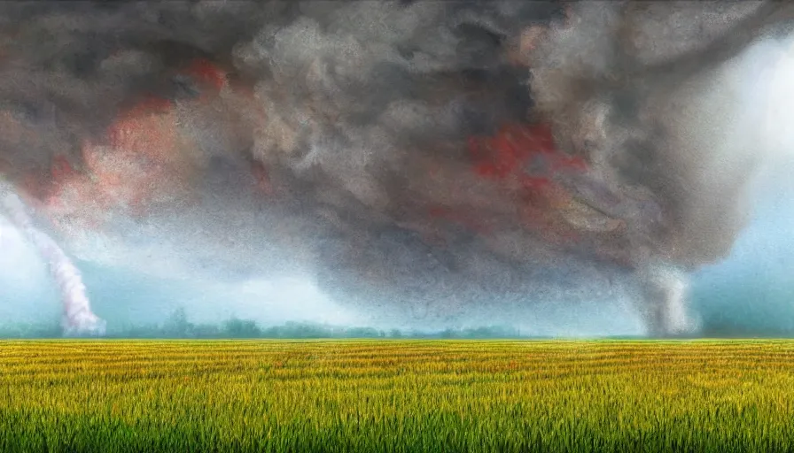 Image similar to a tornado rips through a farm field, digital art, highly detailed, realistic, bright colors, 8 k