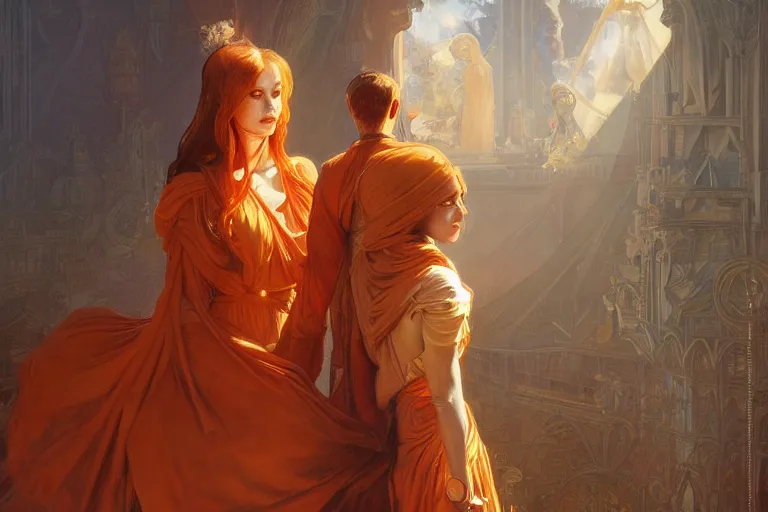 Image similar to portrait of tinfoil hat man in orange t - shirt behind his wife, feelings, romantic, fantasy, intricate, elegant, highly detailed, digital painting, artstation, concept art, smooth, sharp focus, illustration, art by artgerm and greg rutkowski and alphonse mucha