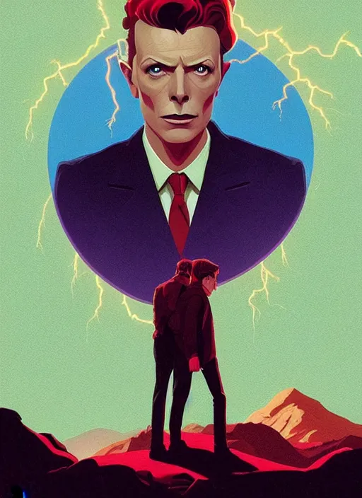 Prompt: Twin Peaks poster artwork by Michael Whelan and Tomer Hanuka, Rendering David Bowie running through the portal of lightning, full of details, by Makoto Shinkai and thomas kinkade, Matte painting, trending on artstation and unreal engine